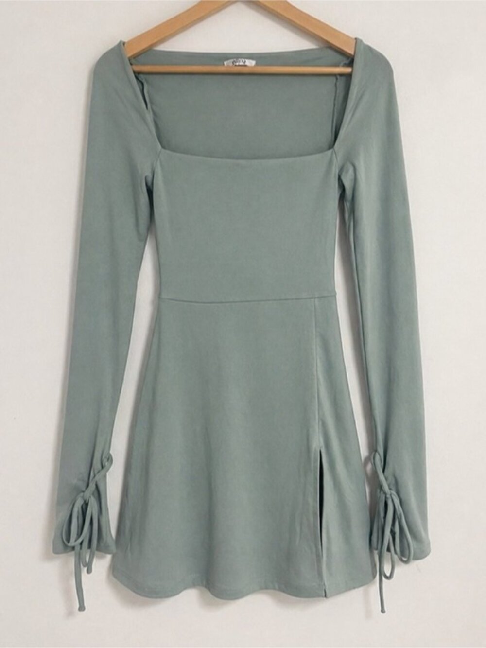 Sage Green Square Neck Long Sleeve Mini Dress with Side Slit - Picture 2 of 8